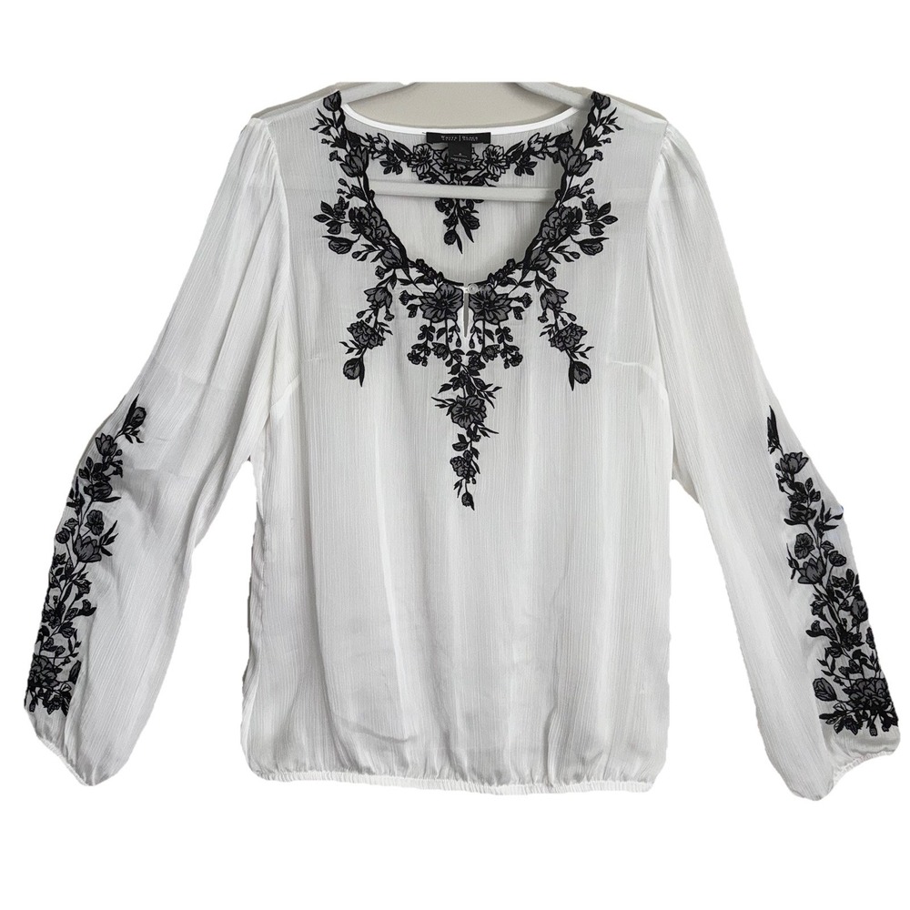 White House Black Market Blouse Womens Small/Medium Embroidered Boho Peasant Top
